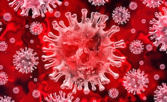 Clansman Interiors service level during COVID-19 featuring images of cells with protein spikes on a red background.