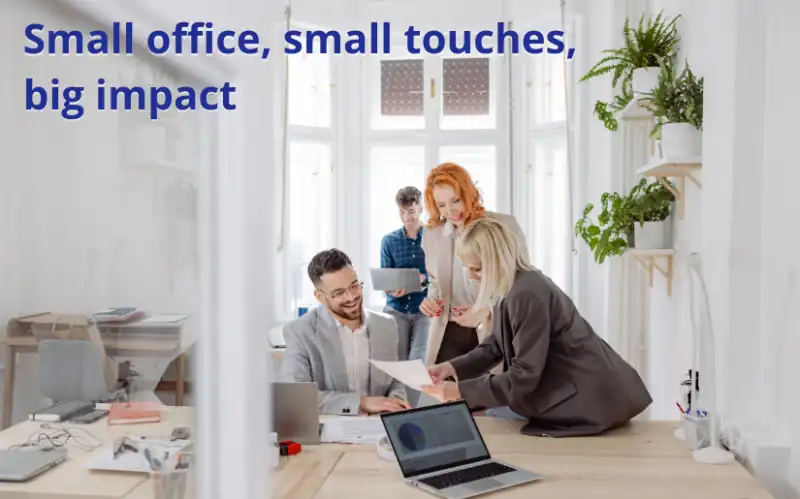 Colleagues working together in bright, modern office. Text reads small office, small touches, big impact. Call Clansman Interiors to create a dynamic summer office with automated lighting, presence detectors and updated AV systems. Boost energy efficiency and staff wellbeing.