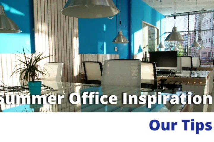 Bright summer office with blue walls, large window, pendant lights and modern furniture.